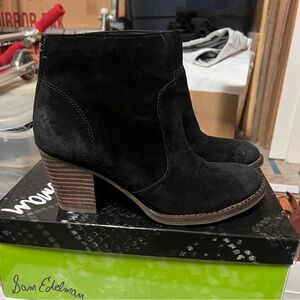 Sam Edelman Mari Distress Black Suede Ankle Booties with Brown Heel - size 6